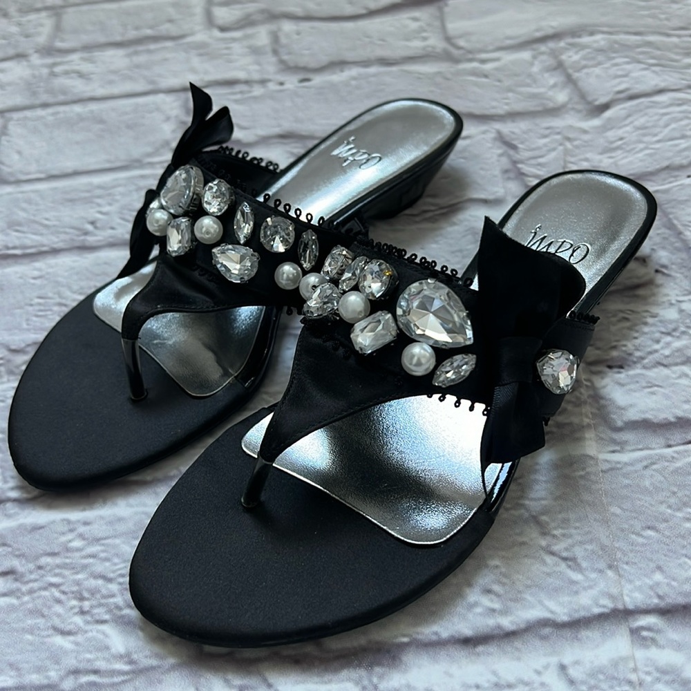 Women’s impo satin jeweled pearl black sandals